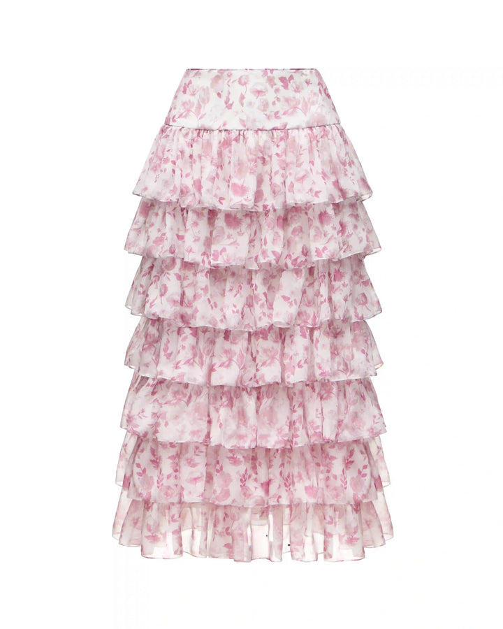 Carmelita, midi skirt with ruffles made of ivory chiffon with medium light pink flowers