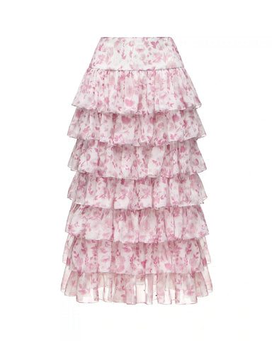 Carmelita, midi skirt with ruffles made of ivory chiffon with medium light pink flowers