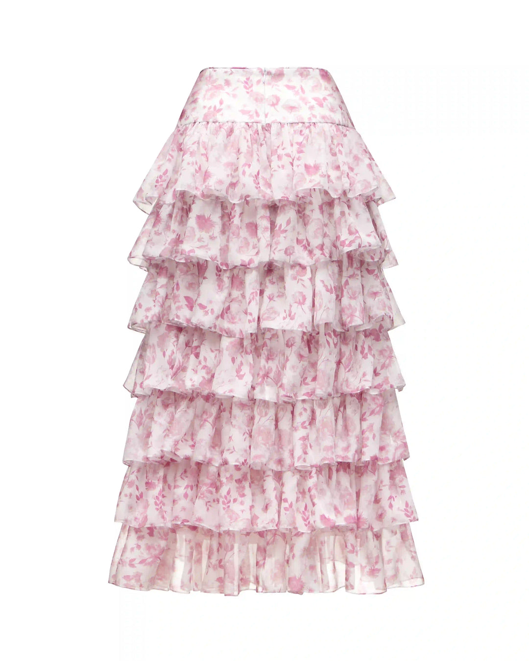 Carmelita, midi skirt with ruffles made of ivory chiffon with medium light pink flowers
