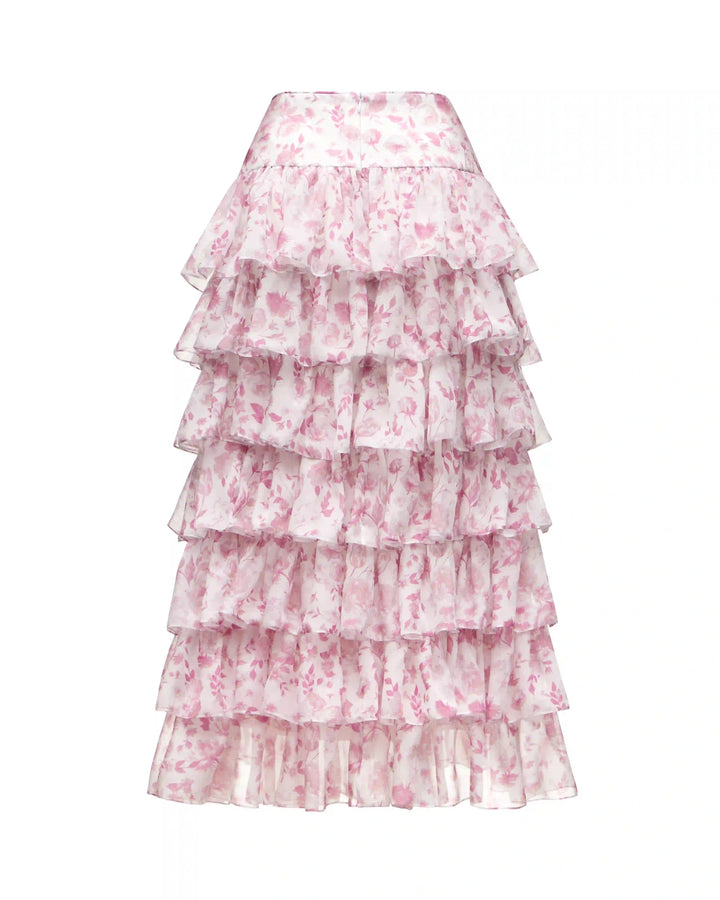 Carmelita, midi skirt with ruffles made of ivory chiffon with medium light pink flowers