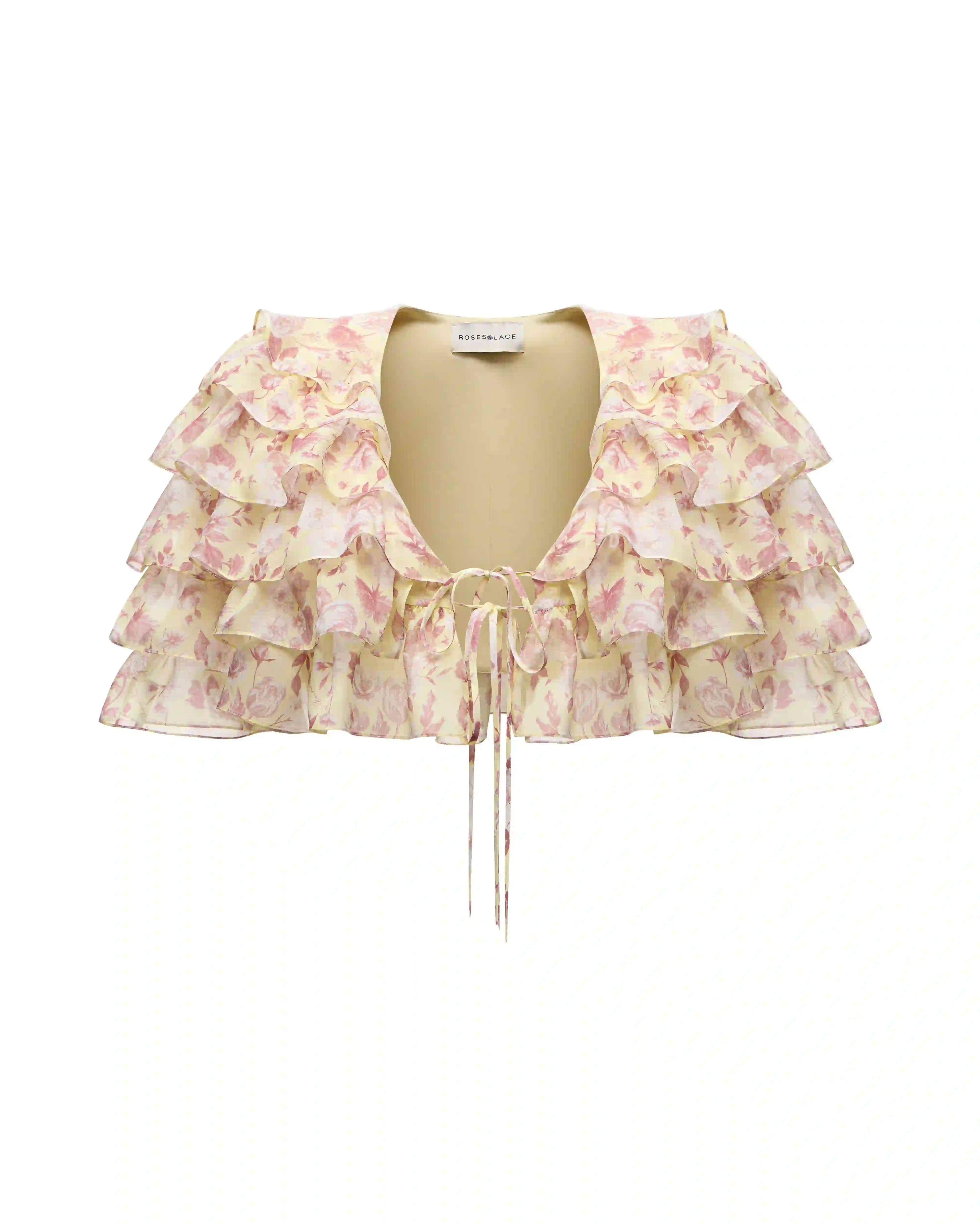 Muza, crop top made of yellow chiffon with medium light pink flowers