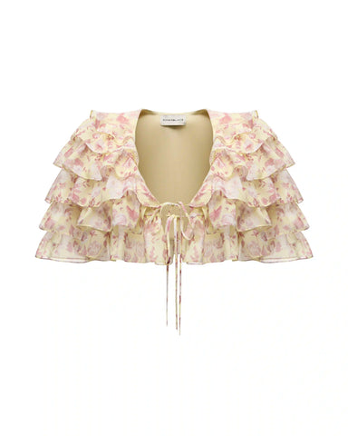 Muza, crop top made of yellow chiffon with medium light pink flowers