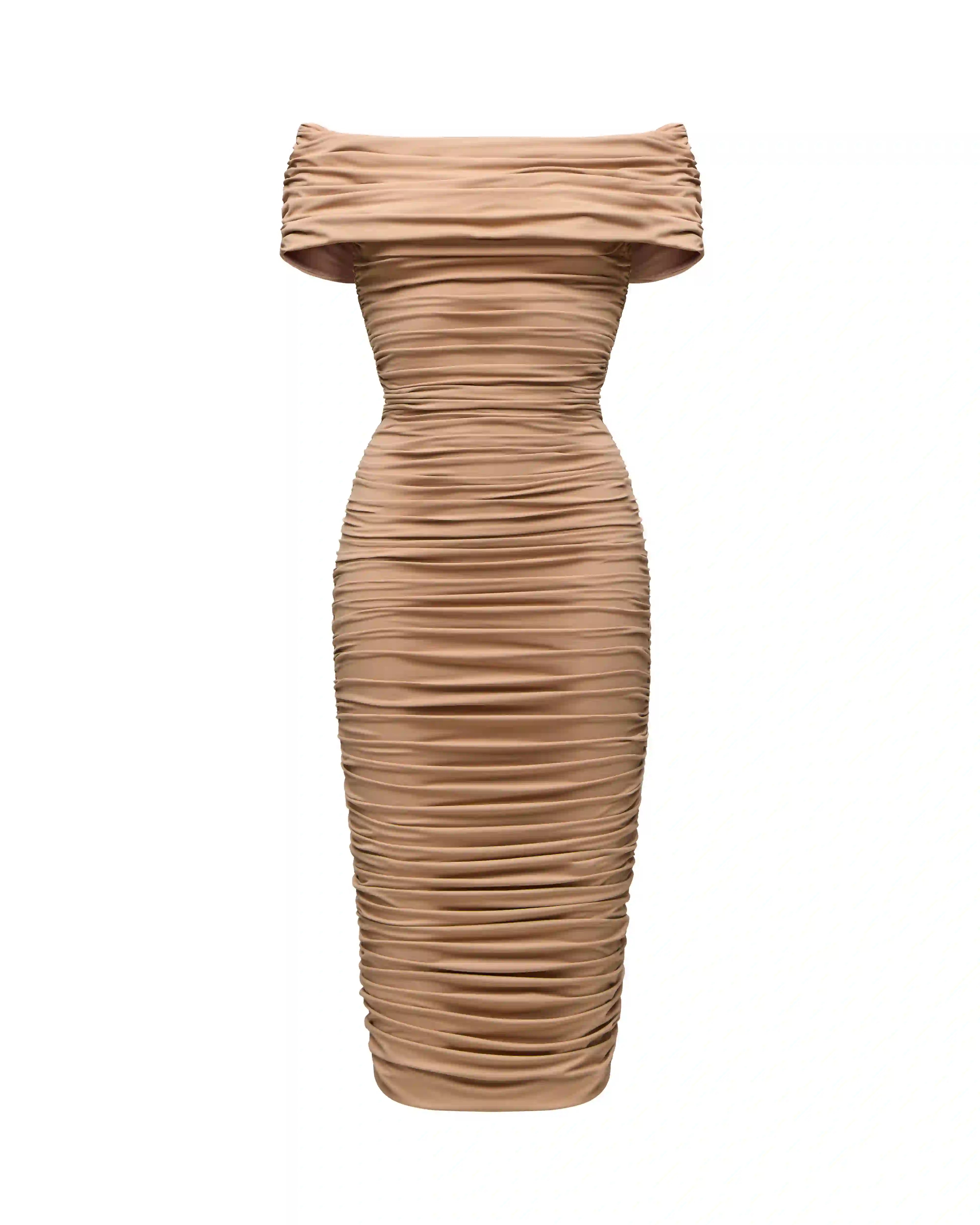 Iren midi, draped midi dress made of beige biflex