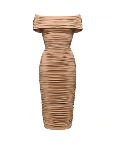 Iren midi, draped midi dress made of beige biflex