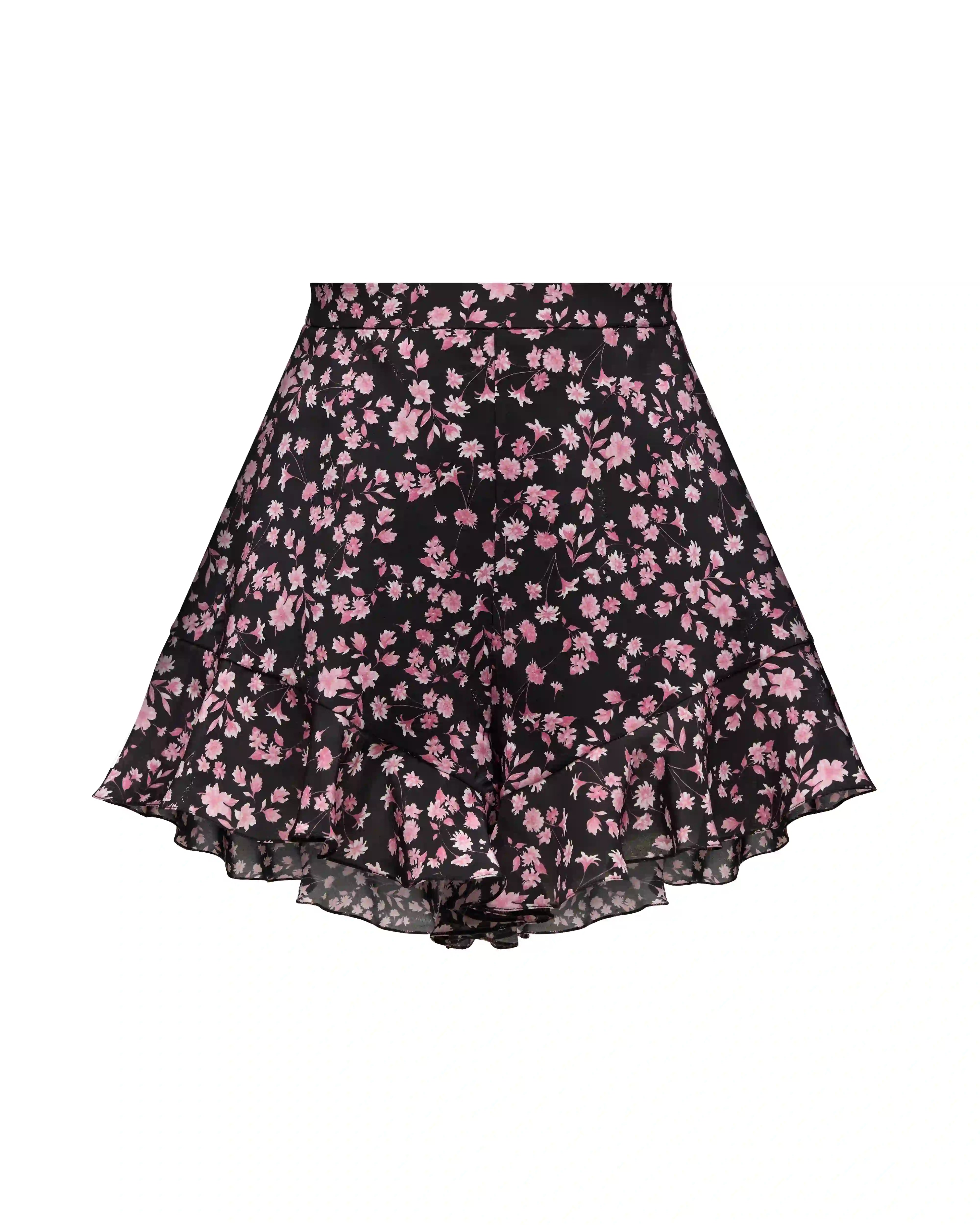 Audrie, mini shorts with ruffles made of black crepe de chine with small light pink flowers
