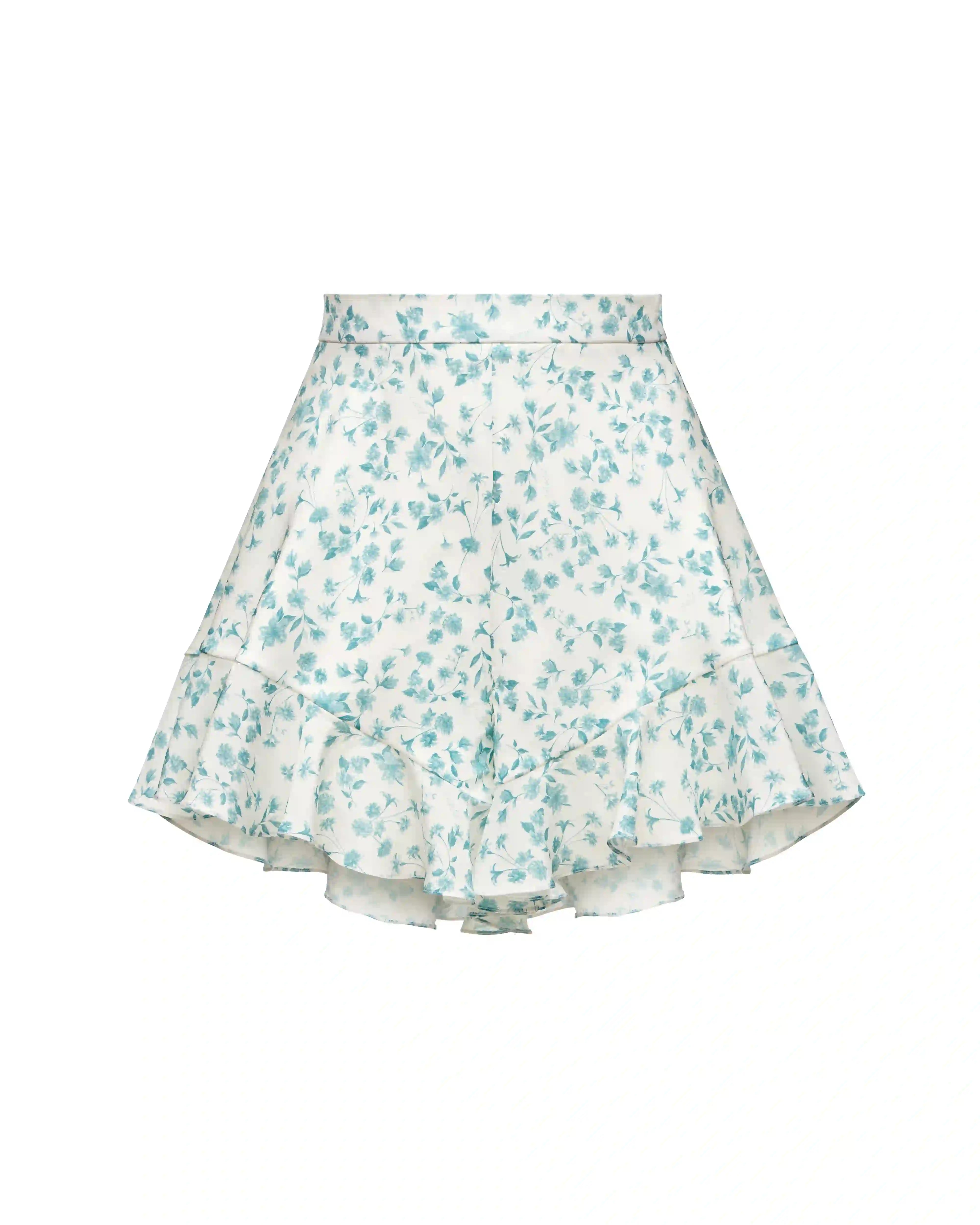 Audrie, mini shorts with ruffles made of ivory crepe de chine with small blue flowers