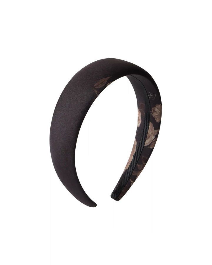 Noelia, headband made of chocolate crepe de chine with floral print