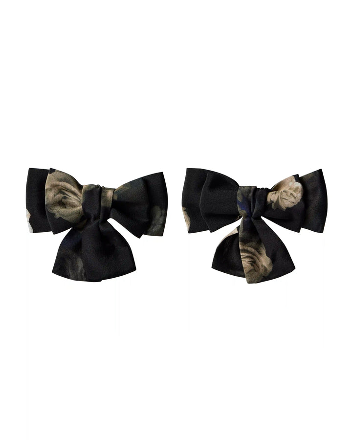 Mimi, children's hair bows made of black crepe de chine with floral print