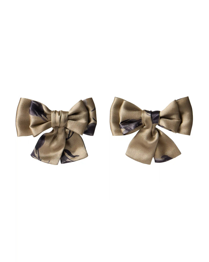 Mimi, children's hair bows made of beige satin with medium floral print