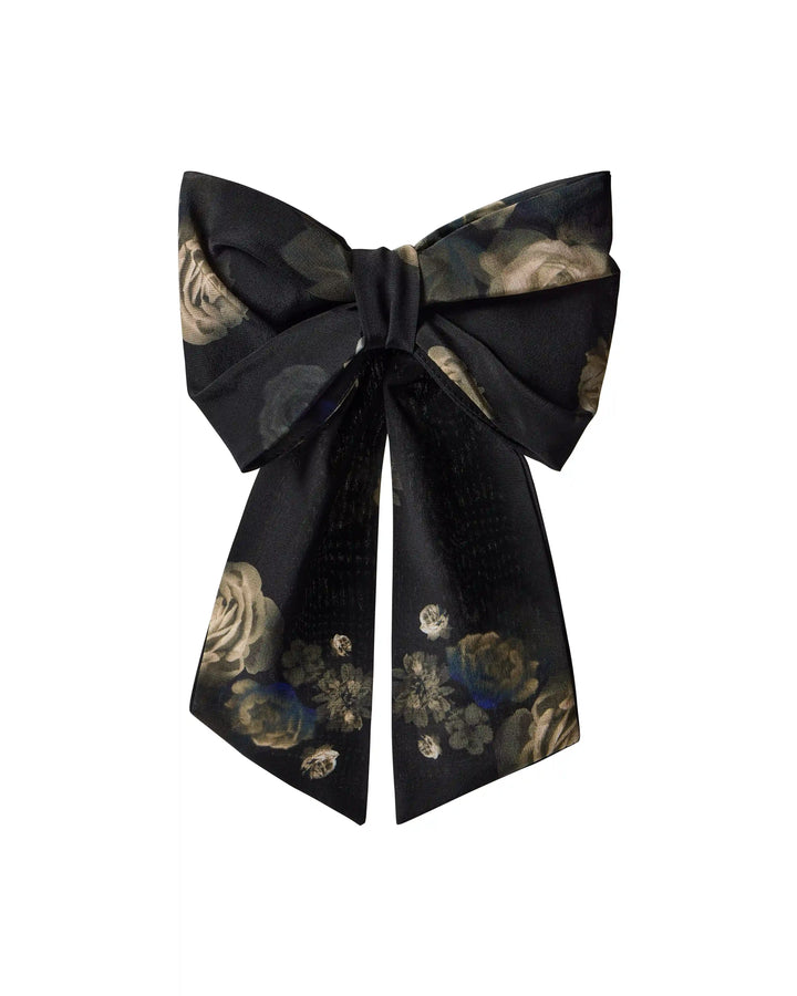 Mirella, hair bow made of black crepe de chine with floral print