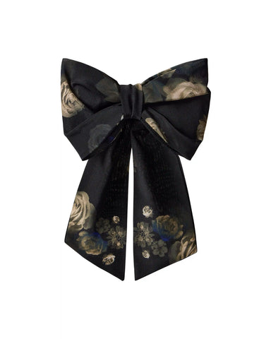 Mirella, hair bow made of black crepe de chine with floral print