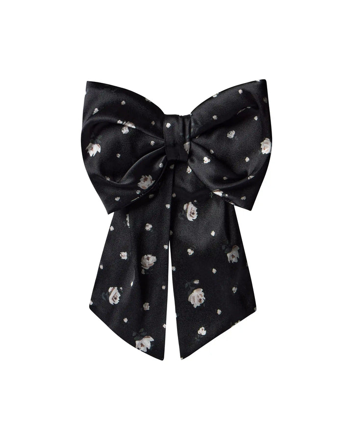 Mirella, hair bow made of black satin with small floral print