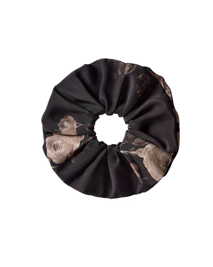 Bruna, hair tie made of chocolate crepe de chine with floral print