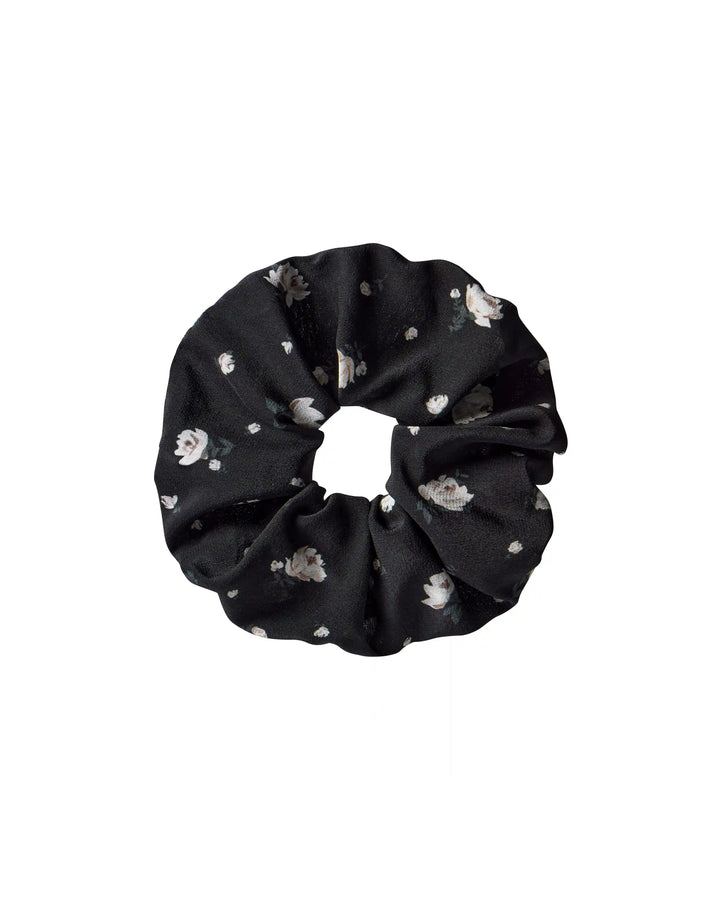 Bruna, hair tie made of black crepe de chine with small floral print