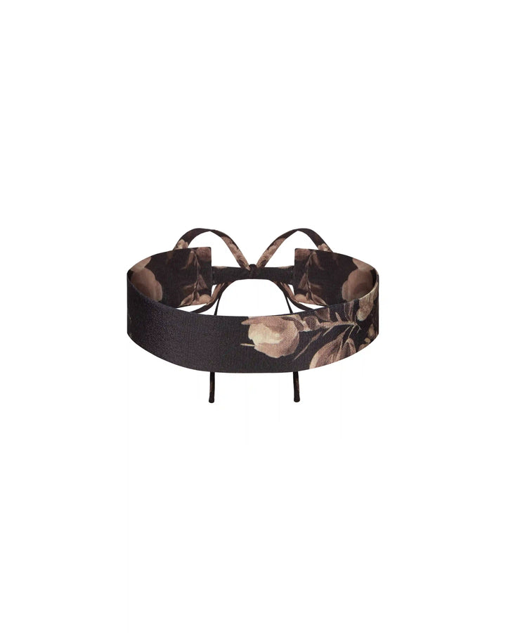 Lora, choker made of chocolate crepe de chine with floral print
