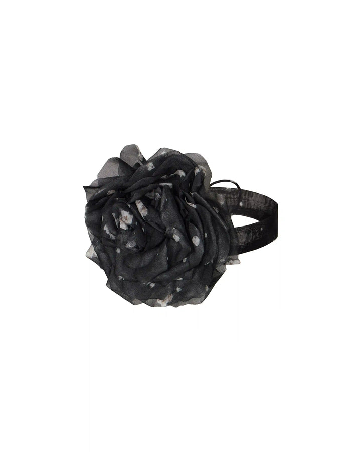 Floriena, choker with a rose made of black chiffon with small floral print