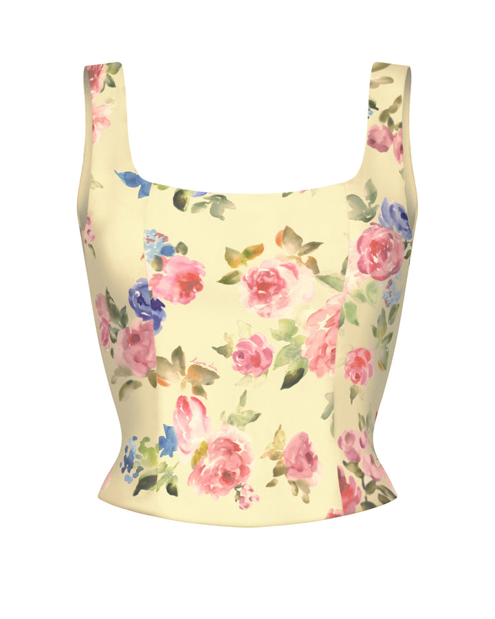 Vi, corset top with straps made of pale yellow crepe de chine with a floral print