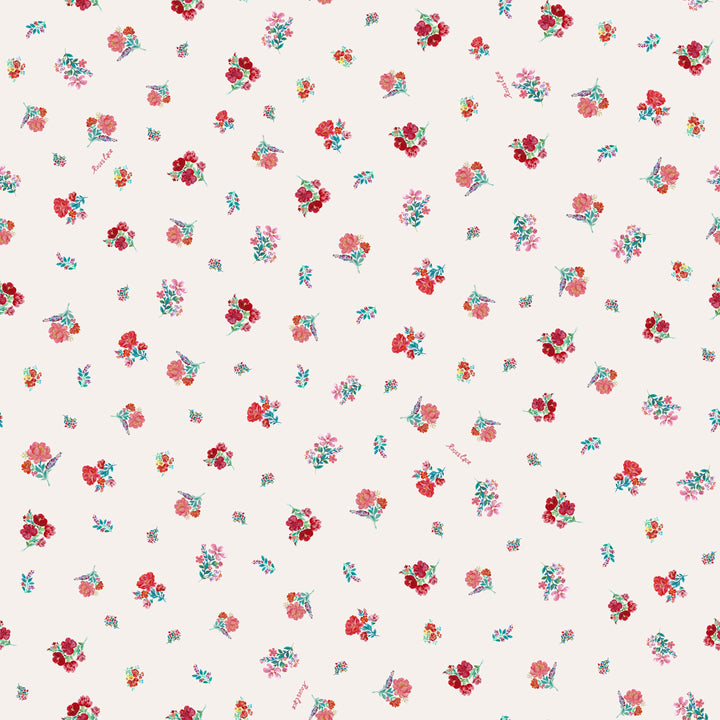 Jean, corset top with asymmetrical peplum, milky white with delicate red blossoms