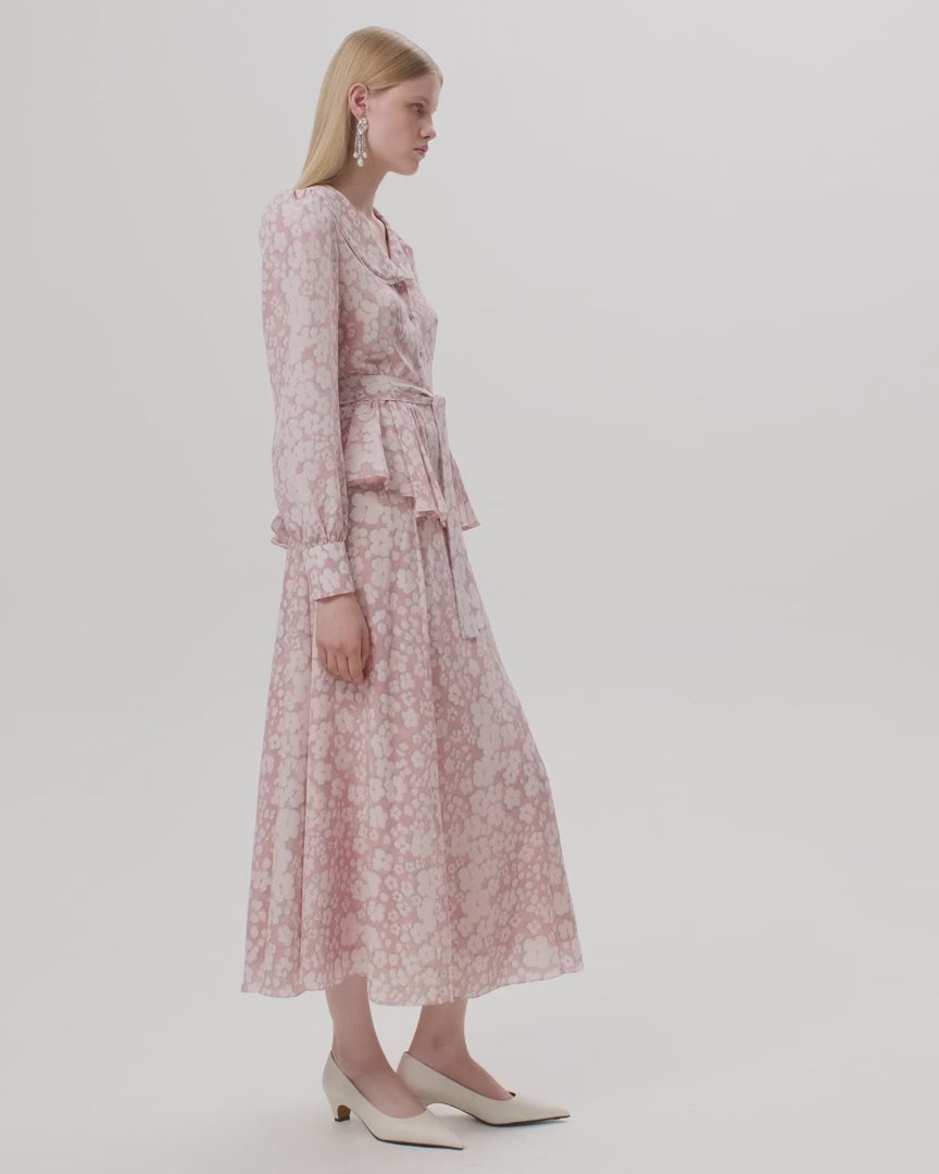 Olivia, pink crepe de chine midi skirt with medium milky flowers
