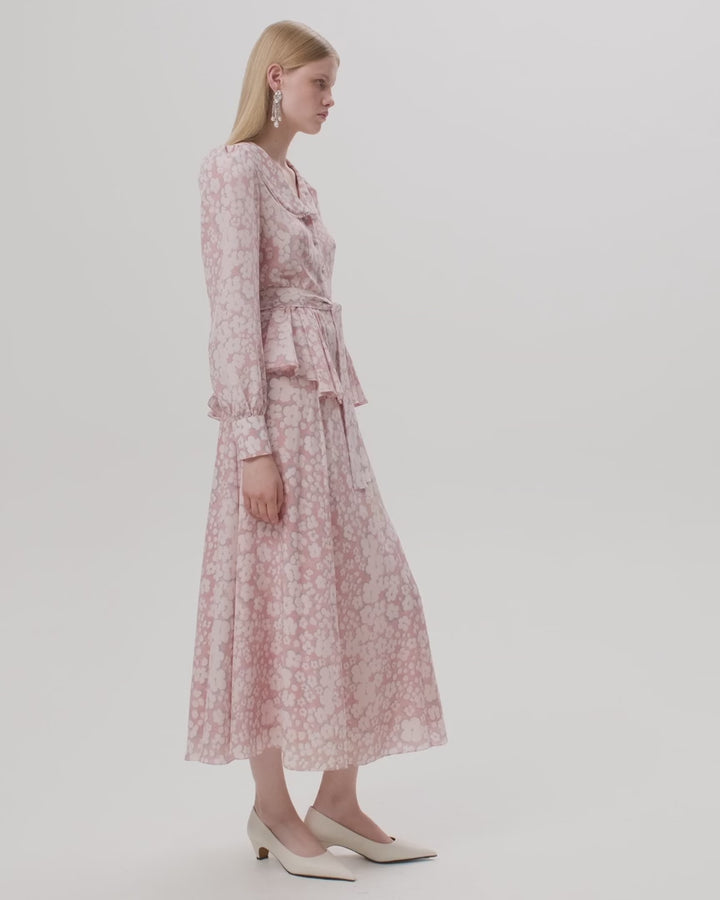 Olivia, pink crepe de chine midi skirt with medium milky flowers